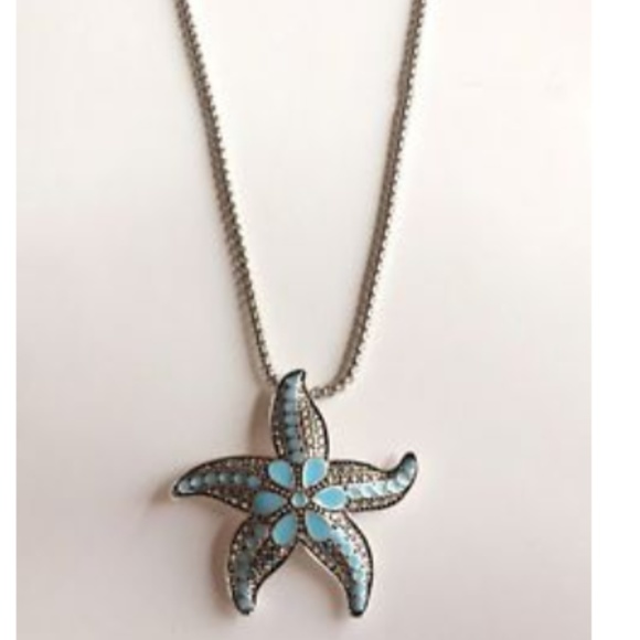 Silver Blue Starfish Pendant Necklace 33" Statement Aqua Enamel ID Badge Holder - Picture 7 of 8